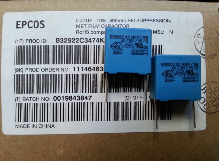 B32922C3474K Cap Film Suppression X2 0.47uF 305VAC PP 10% (18 X 9 X 17.5mm) Radial 15mm 105C Bulk product photo