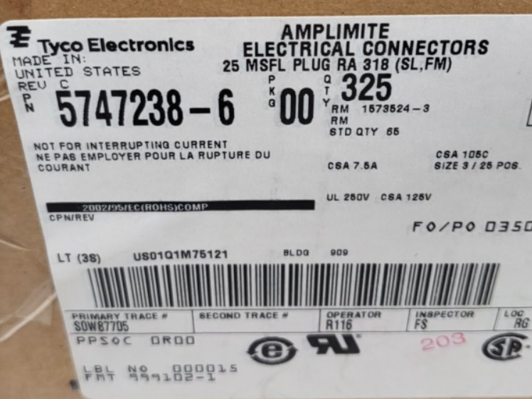 5747238-6 Conn D-Subminiature PIN 25 POS 2.77mm Solder RA Thru-Hole 25 Terminal 1 Port Tray 产品图